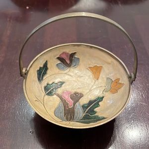 Vintage brass enamel dish with green, pink, purple, and blue floral interior.